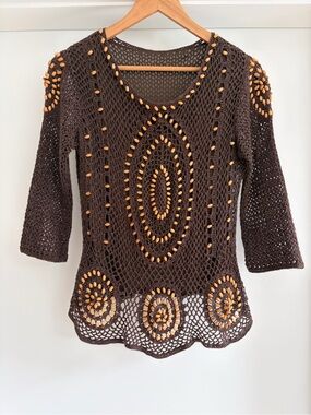 Vintage Brown Crochet Wooden Beaded Sweater Top Size Small